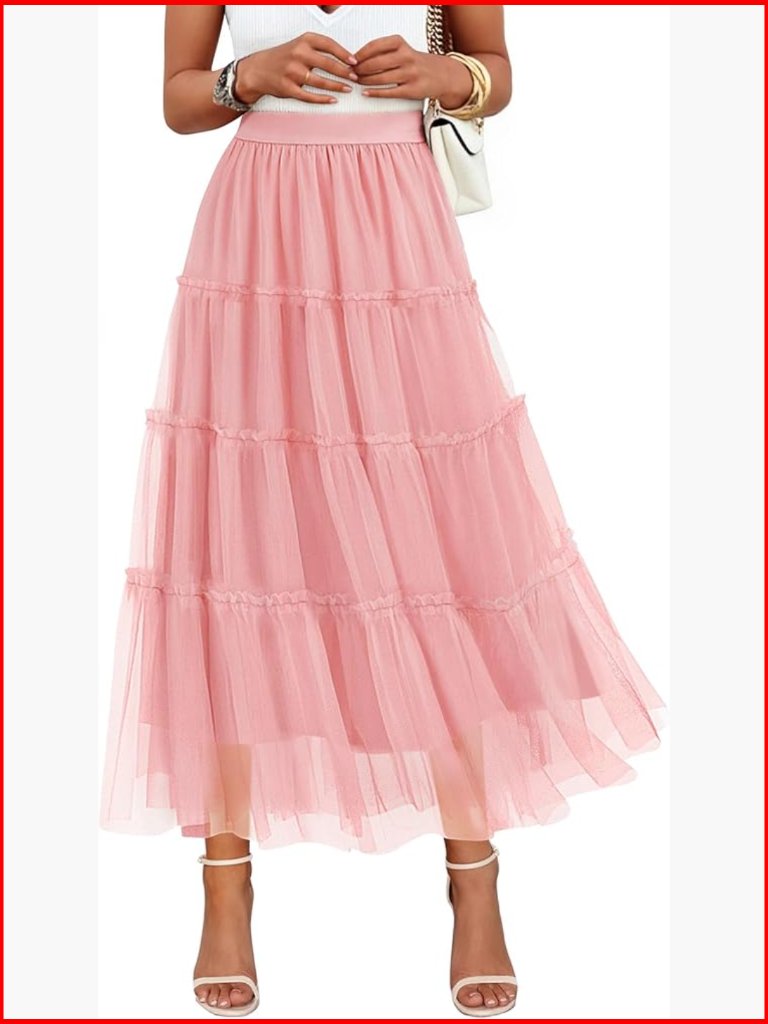 Tulle Maxi Skirt A-Line Flowy Ruffle Tiered Elastic High Waist Midi Long